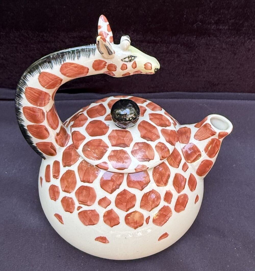 Adorable Giraffe Ceramic Teapot Hand Painted Whimsical Safari Animal Print EUC!